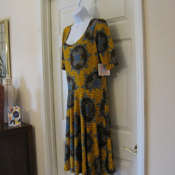 LuLaRoe Nicole Dress XL NWT $45 Mustard Brown & Blue Print Fit & Flare Full - Picture 4 of 4
